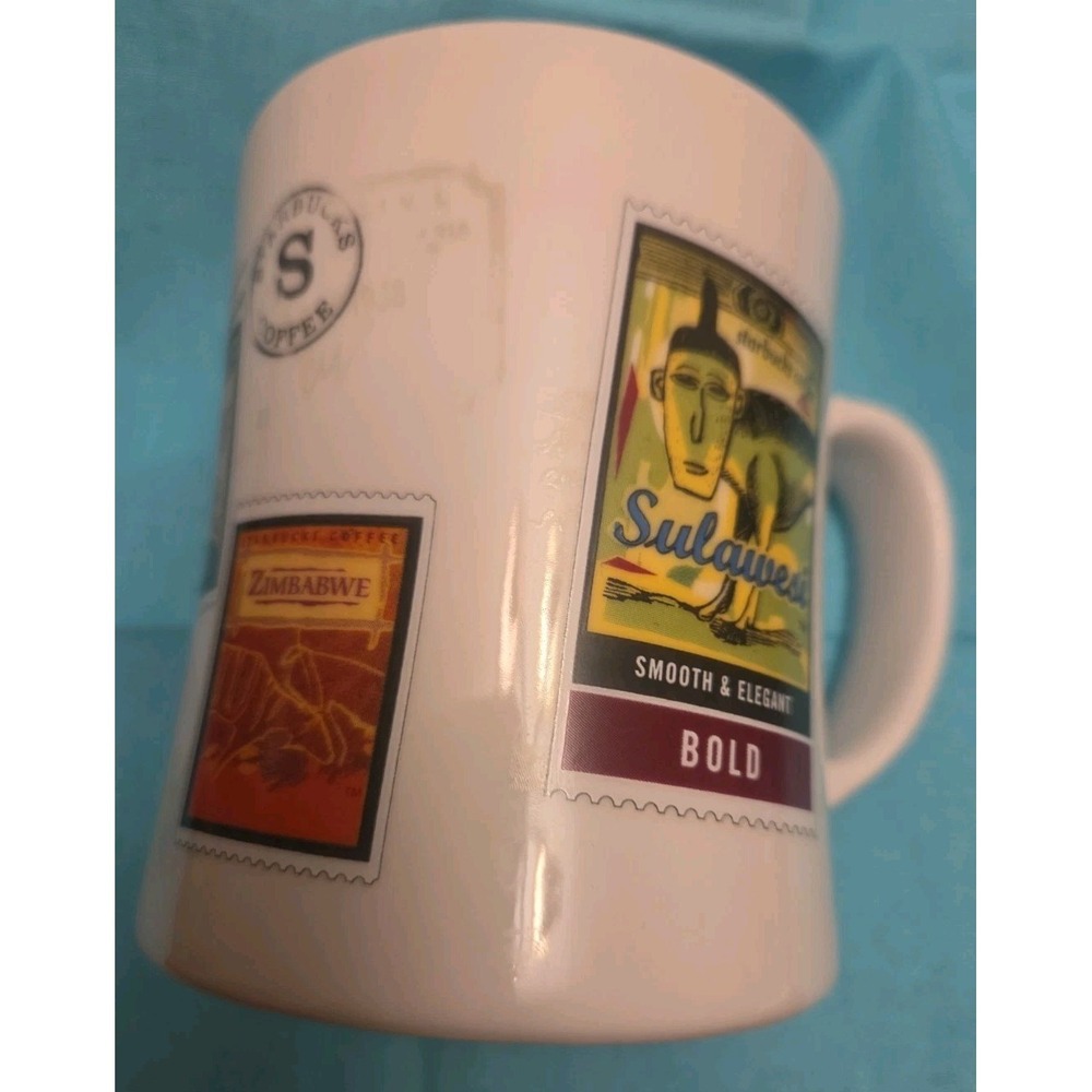 VTG Starbucks Coffee Barista Mug Air Mail Stamps 2003 Sulawesi, Zimbabwe, Java +